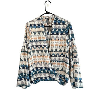 Olivaceous Blue Muliti-color Tribal Long Sleeve Wrap Style Blouse Women Sz M
